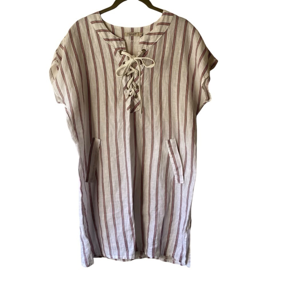 Viola Borghi Beach Cover Up White  Blue Red Pin Stripe Tunic Linen Dress SZ S
